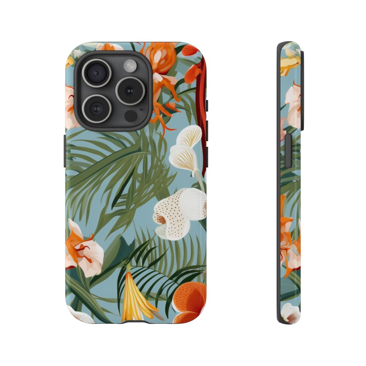 Coque iPhone 15 Pro rigide brillante motif orchidées tropicales vert - 4