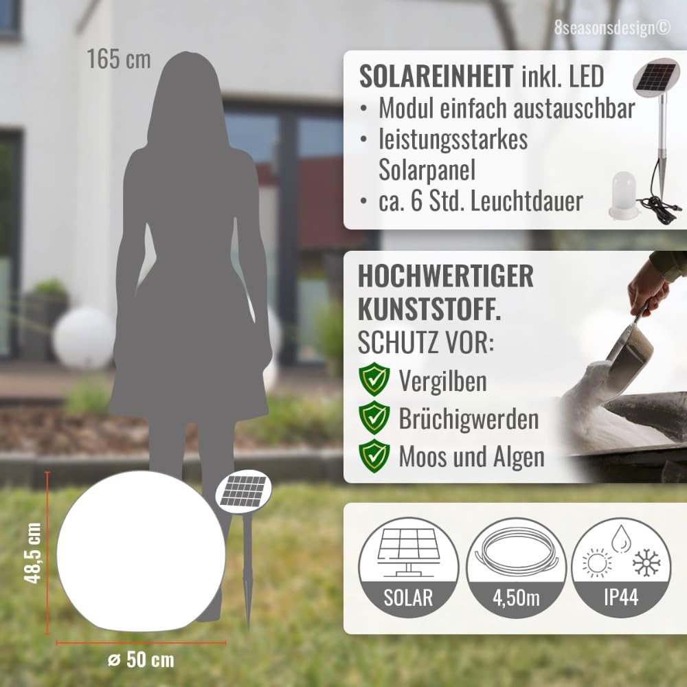 8 seasons design Solar Kugelleuchte 50 cm, Shining Globe (weiß) LED warmweiß, Dämmerungssensor – wetterfest – große Solarlampe für außen (Garten, Terrasse, Balkon) – robust & langlebig