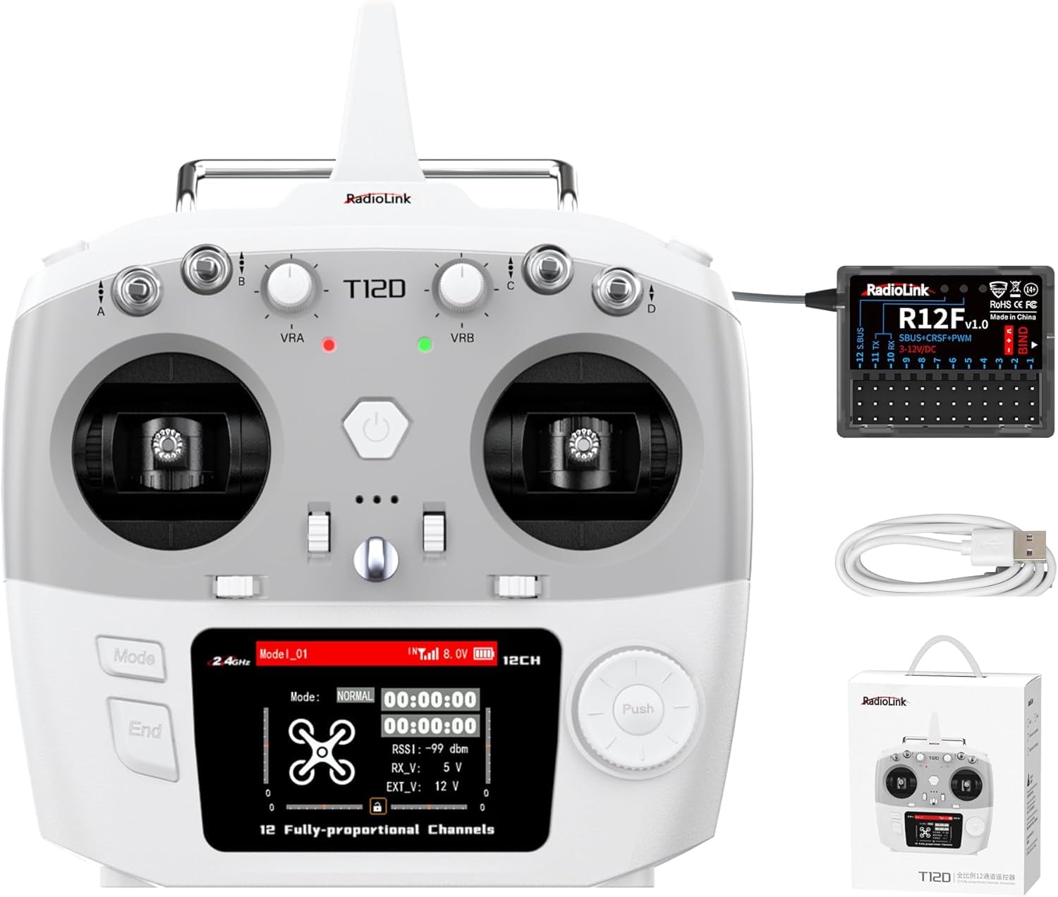 Xiangtat Radiolink T12D ELRS 12 Channels RC Transmitter and R12F Receiver, Long-Range Module Support, 2.4GHz Remote Radio Controller for RC Airplane, Drone, Car, Boat and More (Mode 2)