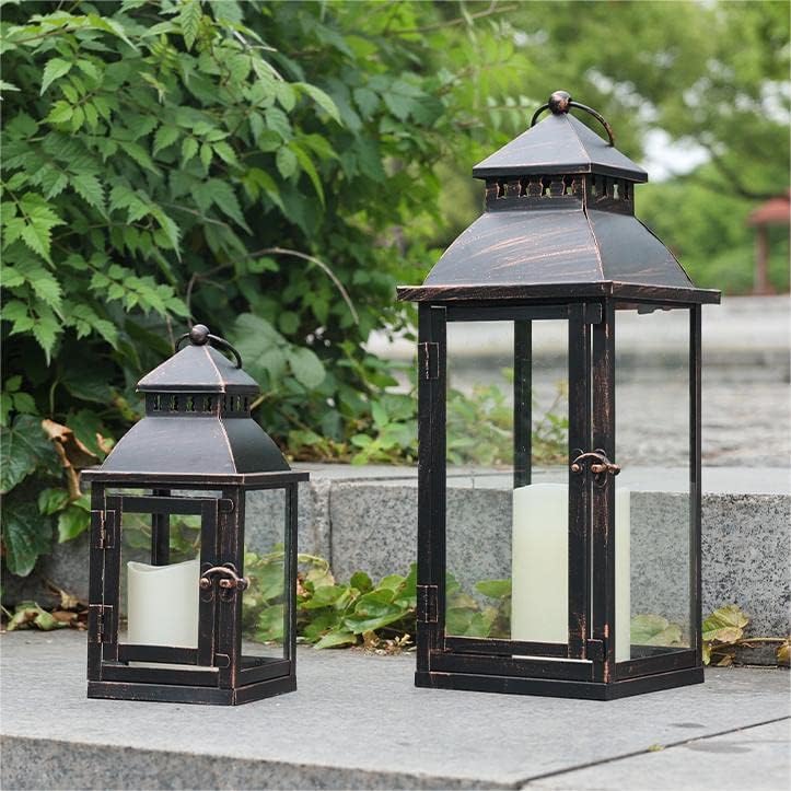 NEEDOMO Lanterns Decorative Outdoor&Indoor Set of 2 Large Bronze Metal Lantern Decor with Glass Candle Holder for Porch Patio Garden Balcony Wedding Table Centerpiece Decorations