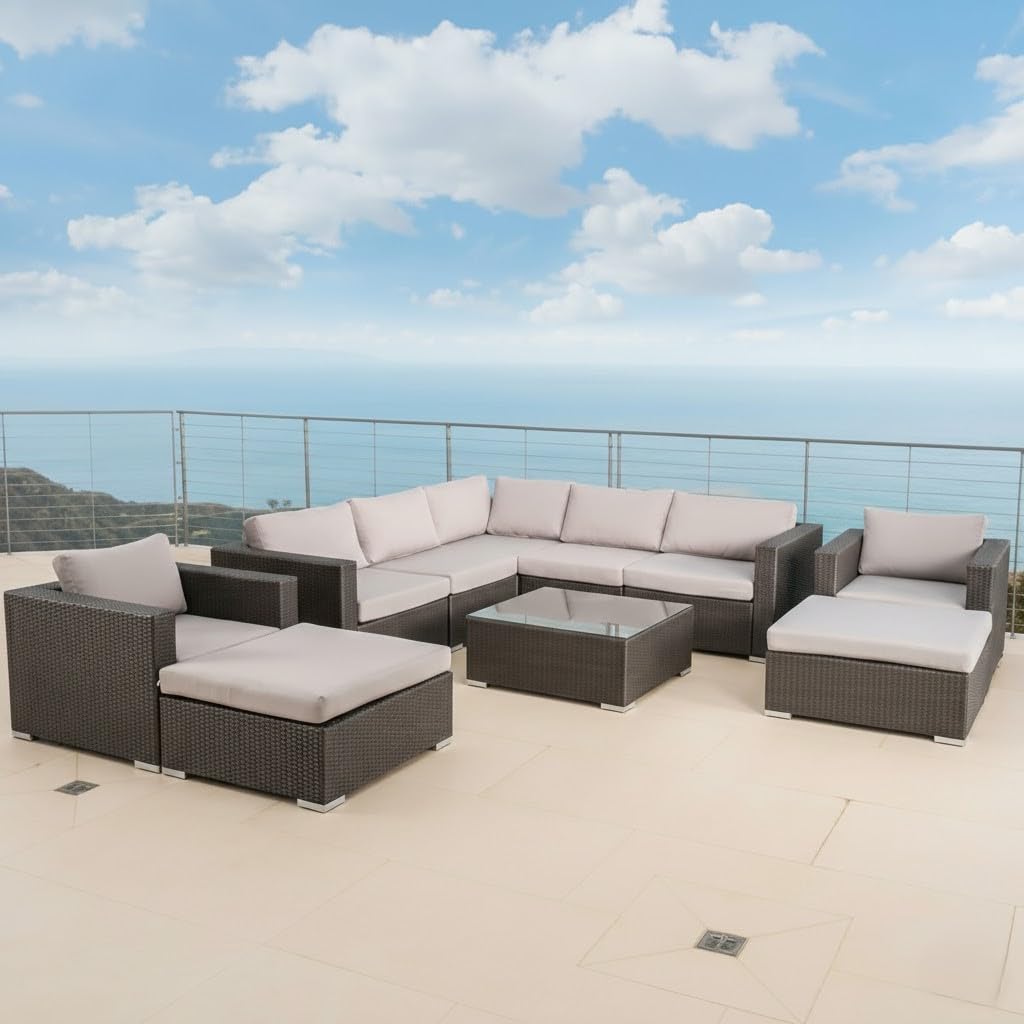 LOCCUS 7 Pcs Outdoor Conversation Set Patio Furniture Set All Weather Wicker Sectional Couch Sofa,Cente Table Ottoman with Cushions (Brown and Light Grey Color)-image-45