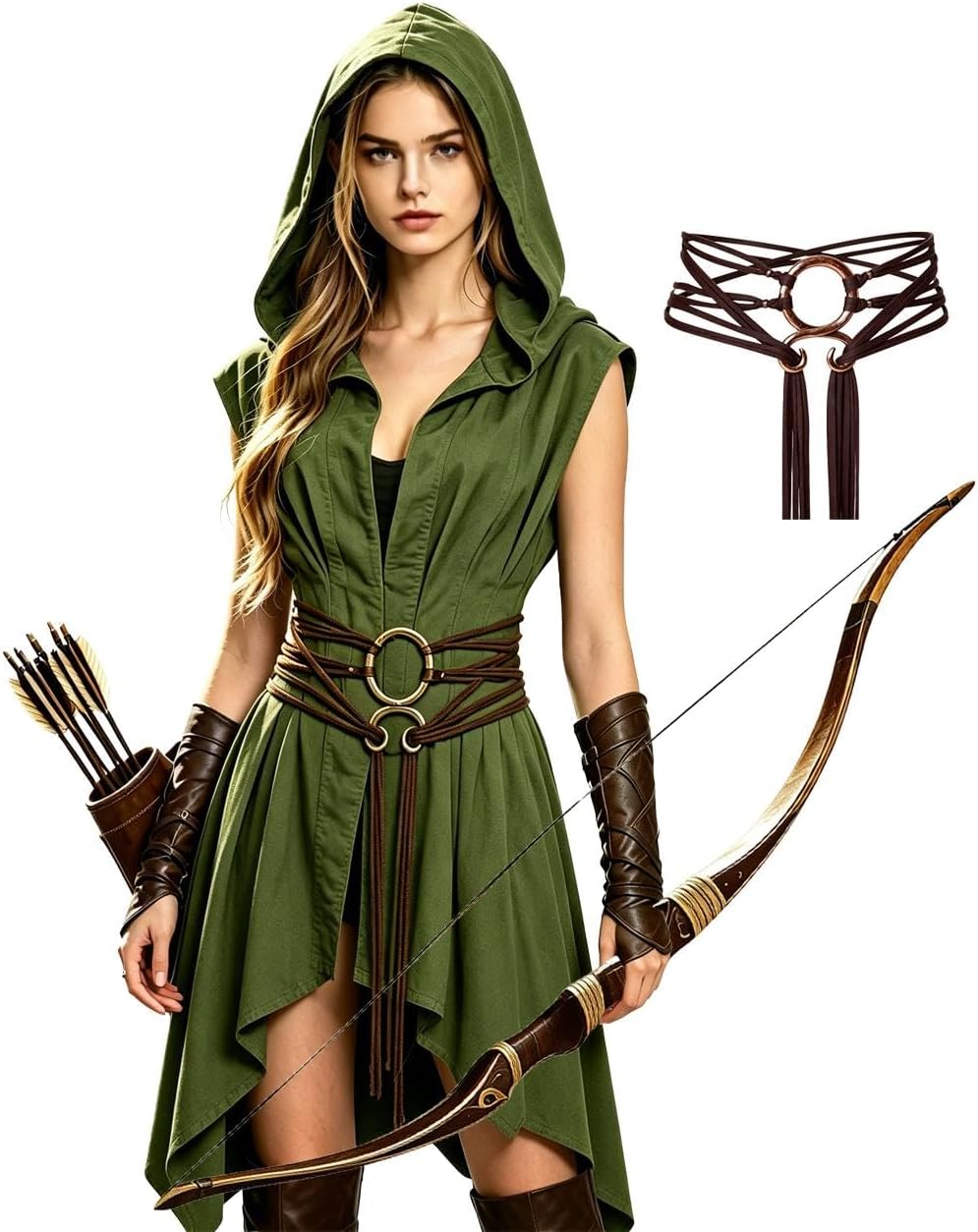 Women Medieval Hooded Surcoat Sleeveless Viking Tunic with Belt
