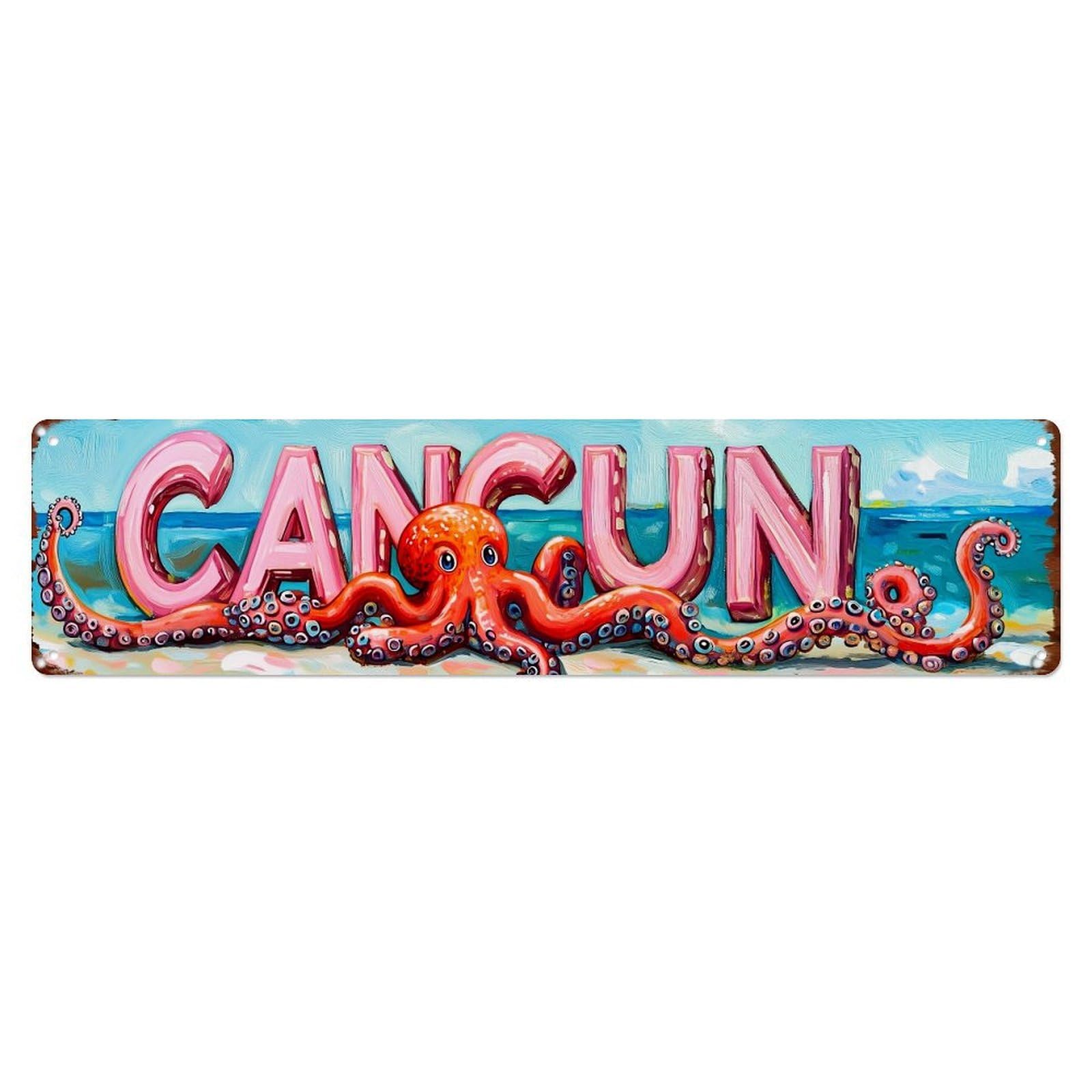 Cancun Octopus Beach Scene Metal Tin Sign Plaque