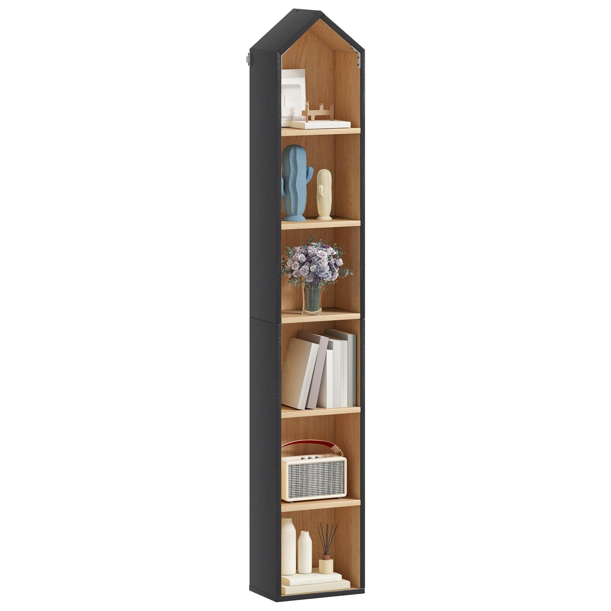 YITAHOME Estantería de 6 Niveles, Marco Blanco e Interior de Roble Natural, diseño Que Ahorra Espacio para el hogar y la Oficina, B y Roble, 180 x 23,5 x 30 cm