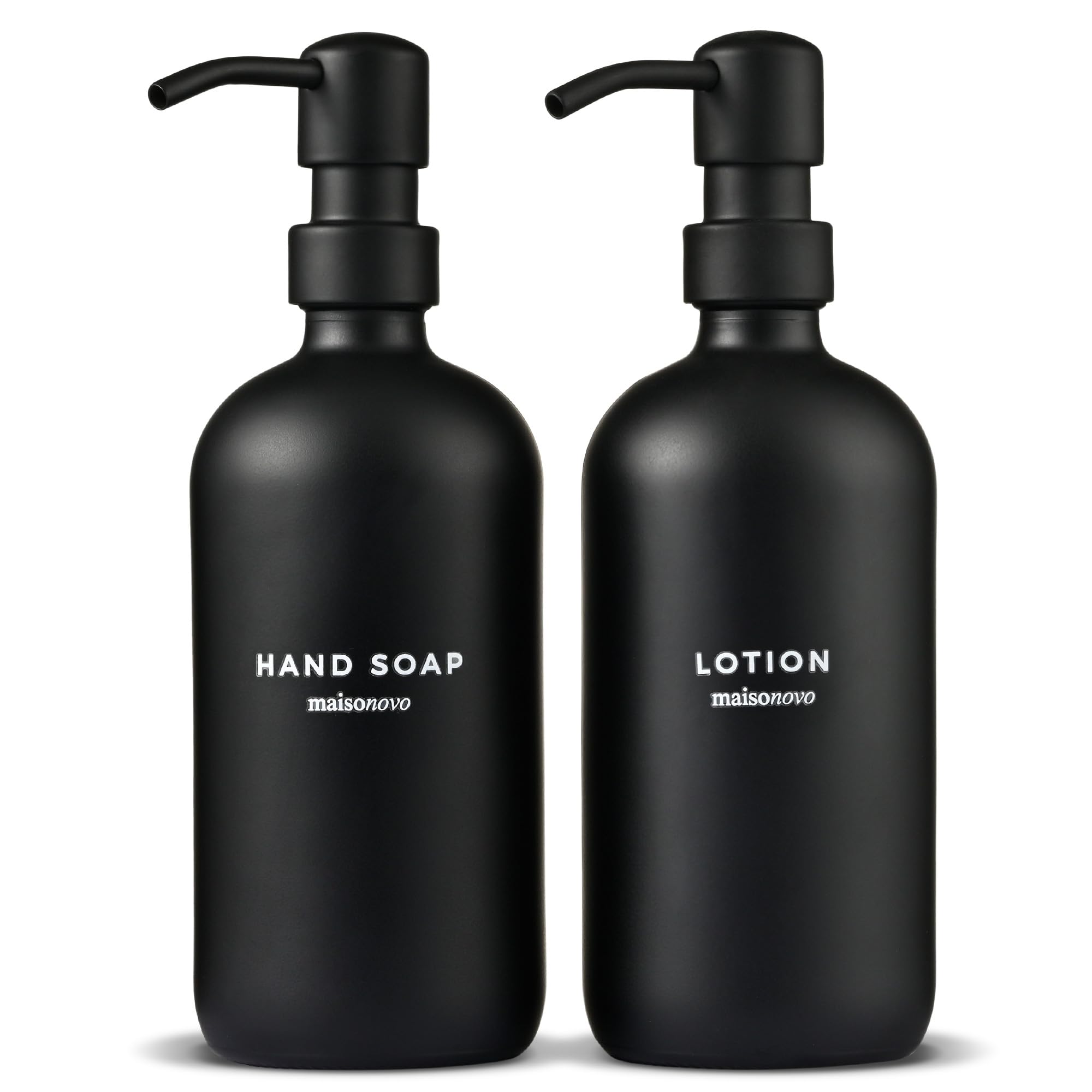 MaisoNovo Soap Dispenser 2-Piece Set | 16.9oz Black Bottles with Black Stainless Steel Pumps