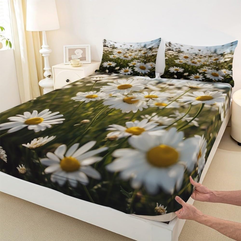 Sabana Bajera 135x190 Margarita Sabanas Bajeras Estampadas Ramos De Flores Sábana Bajera Ajustable Suaves, Elastico Funda Colchon con 2 Funda Almohada 50x80 cm, para Colchón de 30cm de Altura