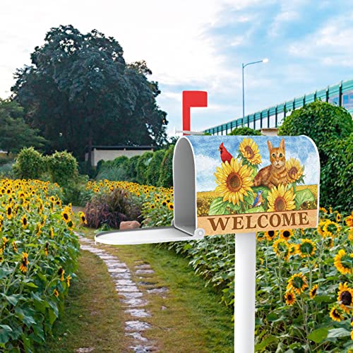 Fbcoo Welcome Summer Sunflower Cat Cardinal Mailbox Cover Magnetic Standard Size 21" X 19", Orange Kitty Tabby Flowers Decorative Post Letter Box Wrap Decor Red Bird Garden Yard Outdoor Decoration #TOP5