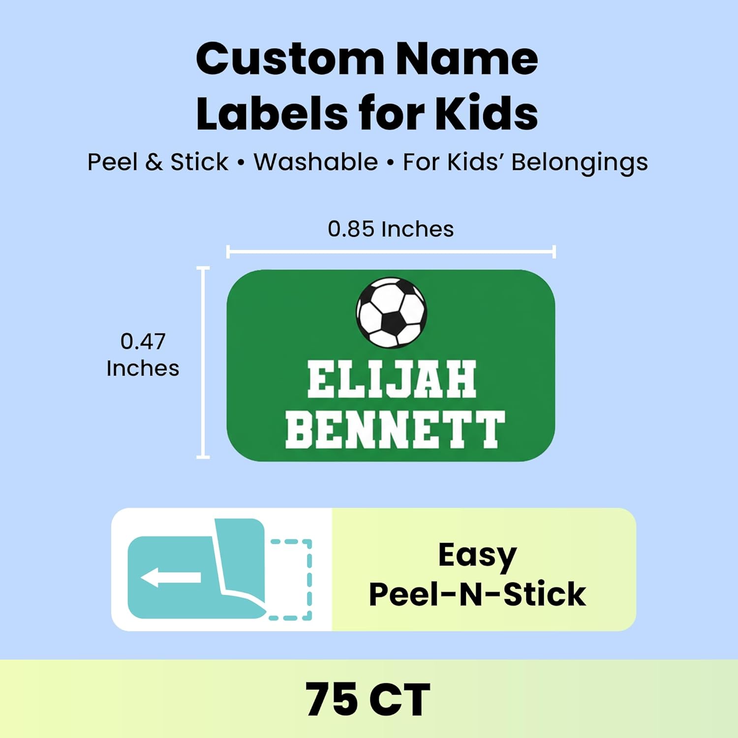 Label Daddy – Custom Extra Small Sports Name Labels – Waterproof Personalized Labels for Shoes, Bottles, Lunch Boxes & School Supplies – Durable Peel-and-Stick Name Tags – Soccer Design - 75 Ct
