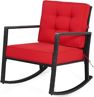 DORTALA Rattan Rocking Chair, Outdoor Glider Wicker Chair with Heavy-Duty Steel Frame, Patio Wicker Furniture Seat with 5” Thick Cushion for Garden, Porch, Backyard, Poolside, Red
