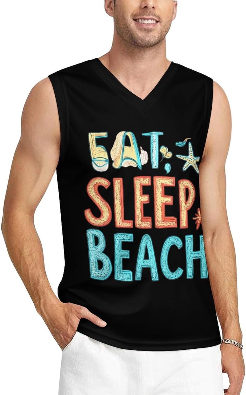 Eat Sleep Beach Men's V-Neck Basketball Tank Top Sleeveless Workout Tank Shirts Gym Fitness Tees Vest