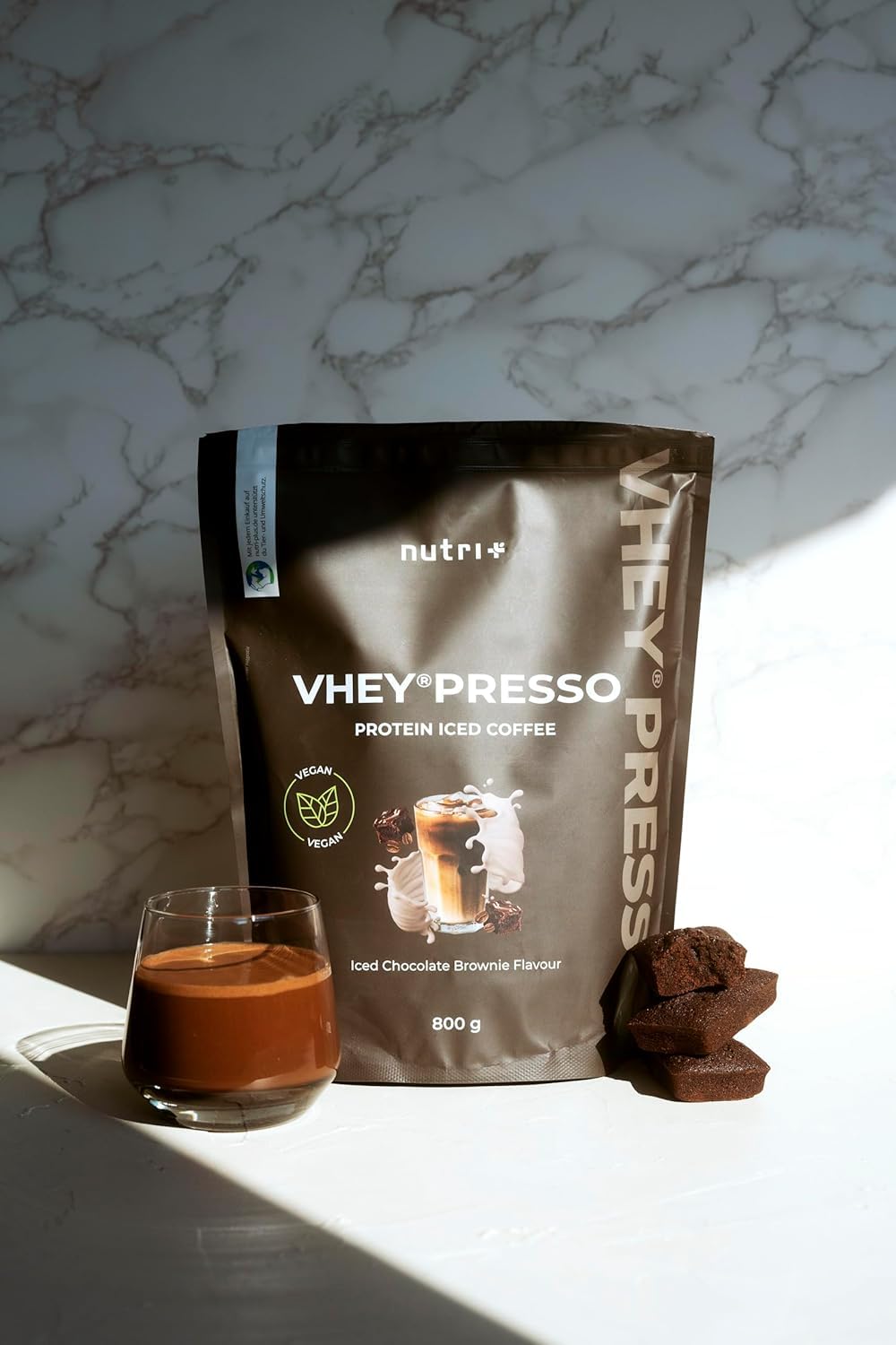 Nutri + Protein iced Coffee Chocolate Brownie - Vheypresso Café Proteína con Cafeína 800 g - sin Lactosa + Gluten - Proteínas para Construcción muscular