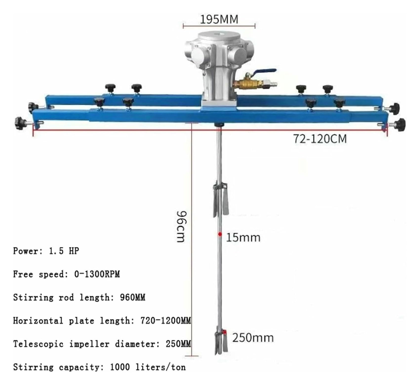 Profesjonalny Mieszalnik Pneumatyczny 1300 Obr./Min, Mieszalnik Zbiornikowy 1,5 Km, Mieszalnik Pneumatyczny 1000 L, Długość Pręta Mieszającego 960 Mm, Średnica Wirnika 250 Mm,