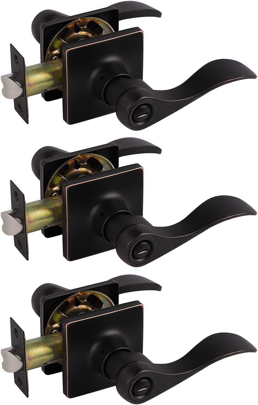 KNOBWELL 3 Pack Keyless Wave Style Bronze Door Handles for Bedroom