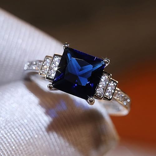 Miniatura 5 de Elegante anillo de compromiso de zafiro cuadrado para mujer, anillo de boda con diamantes de imitación de circonita, anillos de aniversario (azul