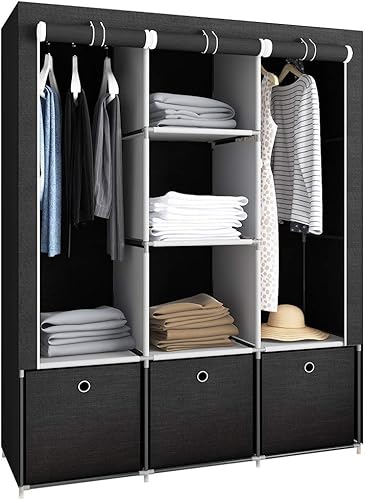 Miniatura 1 de GHQME Armario de tela con 3 cajones organizador portátil de almacenamiento de ropa con compartimentos y varillas negro 492 x 173 x 638 pulgadas