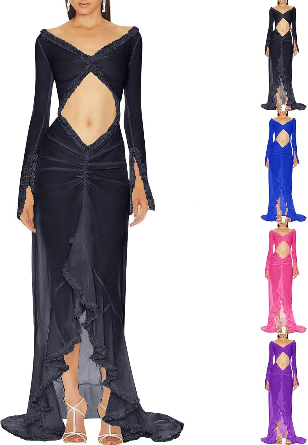 HGps8w Women's Ruffle High Low Mop Dresses Long Sleeve Cut Out Front Flowy Swing Maxi Dress Formal Wedding Party Gown - Image 2