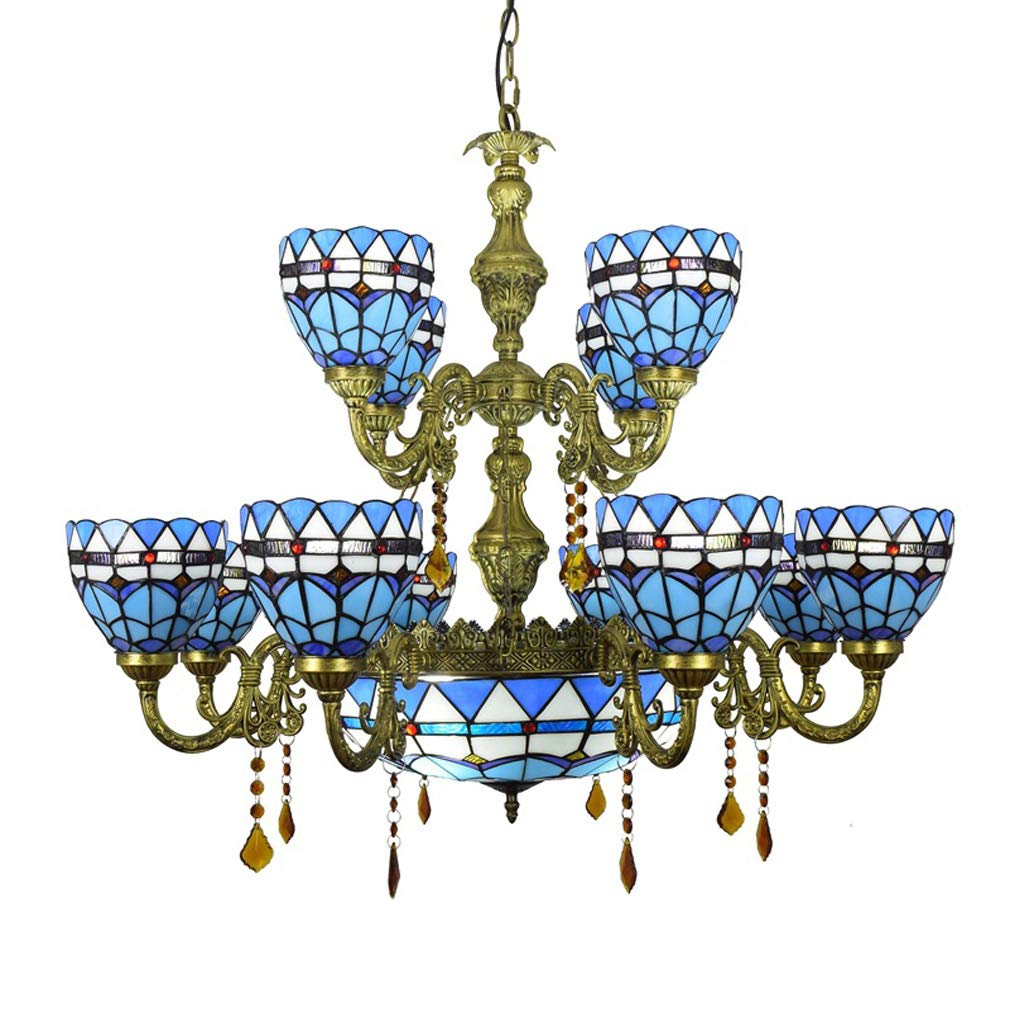 YNIYUJKL Blue Mediterranean Large 2 Tiers Ceiling Lamps Chandelier, Tiffany-Style Stained Glass Crystal Many Arms Pendant Lights Fixtures, For Dining Room, Hotel, Stairway