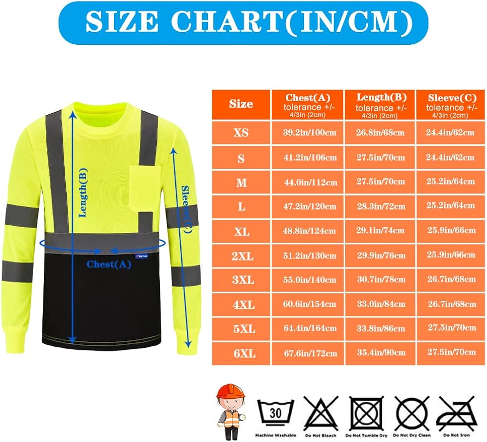 AYKRM Safety T Shirt Reflective High Visibility hi vis Long Sleeve T Shirt (XS-6XL) : Tools & Home Improvement