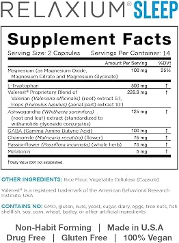 Relaxium Sleep Aid, 14-Day Supply, Non-Habit Forming, Dietary Supplement for Better Sleep, Drug-Free, Stress Relief, with Magnesium, Melatonin, GABA, Chamomile, Made in USA (28 Vegan Capsules)