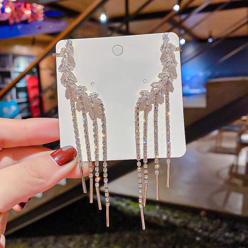 2PCS Glitter Rhinestone Long Tassels Dangle Ear Cuff Vintage Non-Piercing Fake Earrings Bridal Wedding Climber Ear Wrap Prom Ball Jewelry for Women Girls2