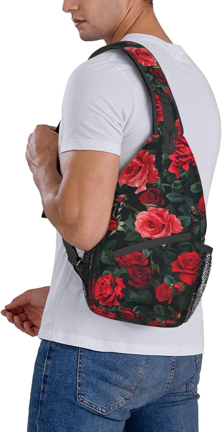 Rose Pattern Of Red Sling Backpack Hiking Backpack Crossbody Bag Sports Lightweight And waterproof Chest Bag Shoulder Bag For Women Men - Image 9