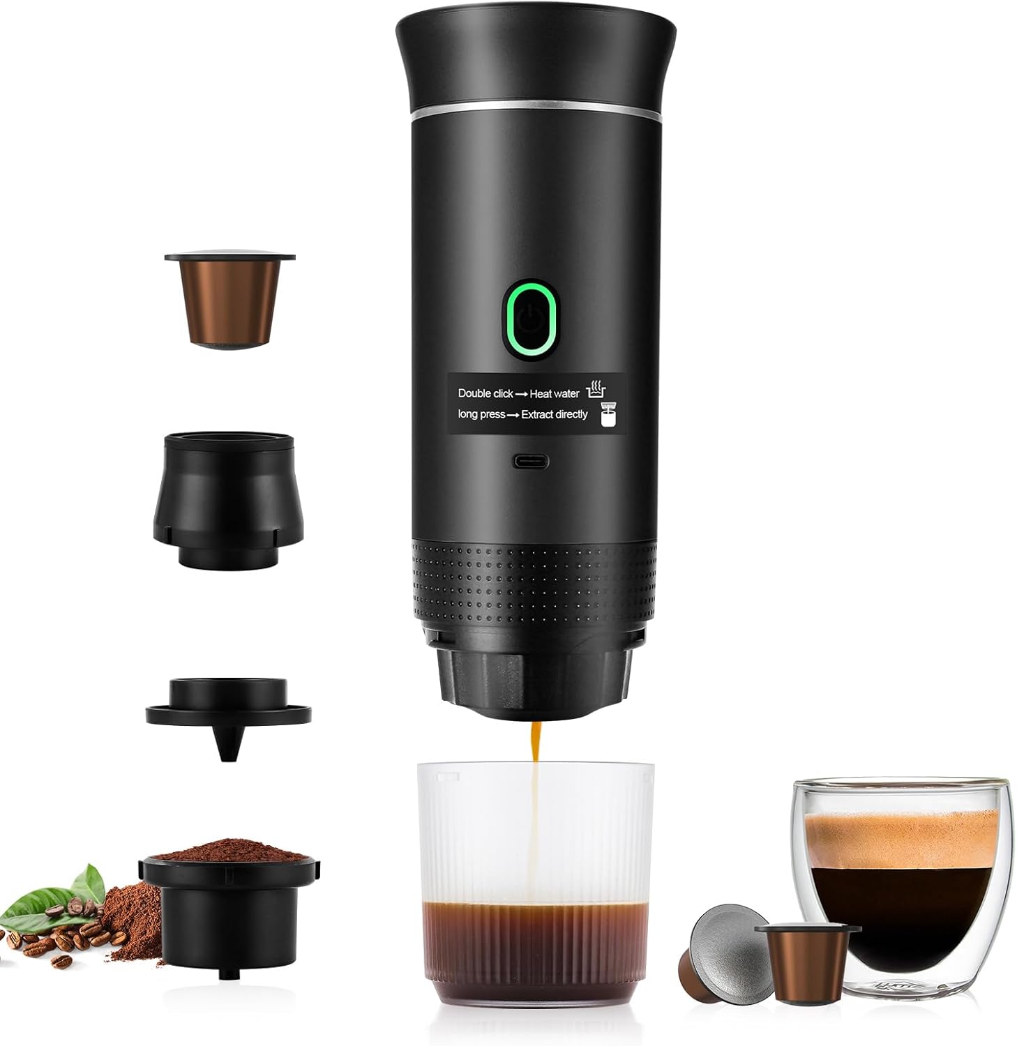 Product image of Portable Espresso Machine for Travel, 20 Bar Espresso Coffee Machine with USB,3 In 1 Travel Coffee Maker Self Heating, Compatible with Ground Coffee & Capsule for Hiking,Office,RV(Black)