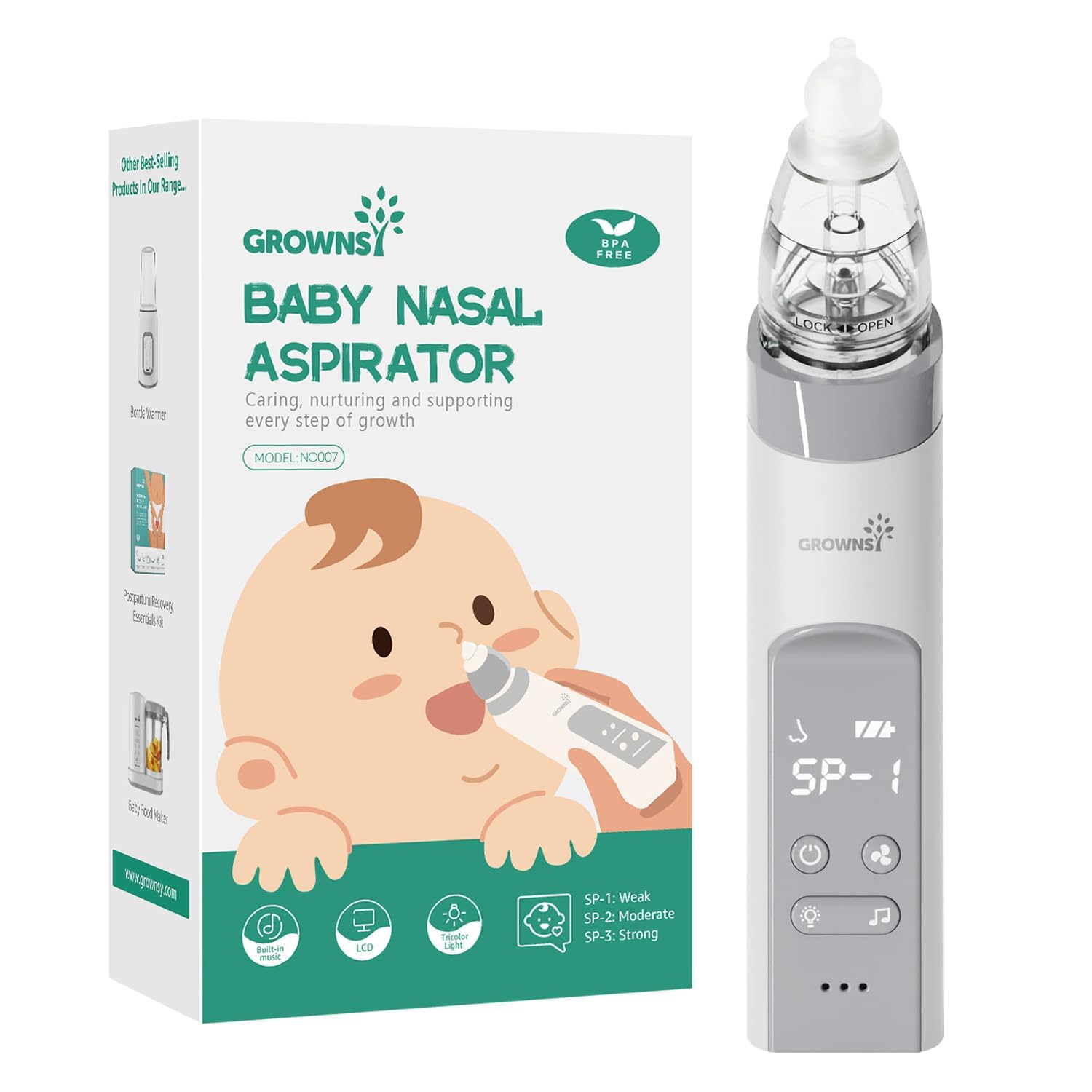 Nasal Aspirator for Baby, Baby Nose Sucker Pro with 3 Soft Silicone Tips, Adjustable Suction, Electric Nose Suction for Baby, Built-in Music & Light Soothing