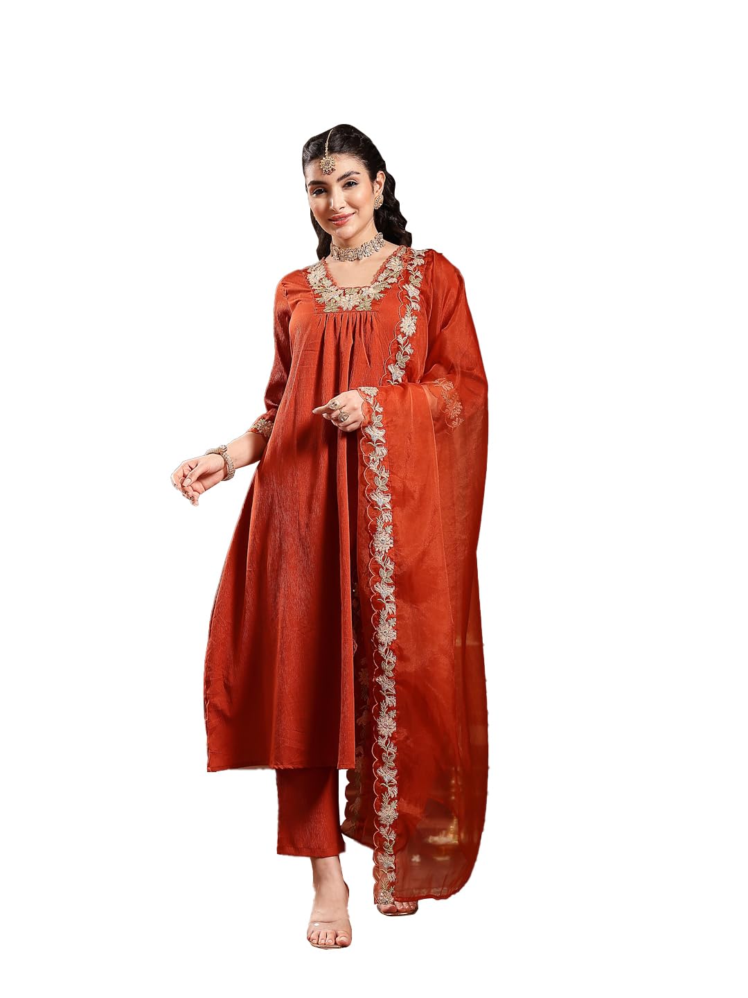 stylum Women's Rust Solid & Embroidered Crepe A-Line Kurta Pant Dupatta Set-picture-37