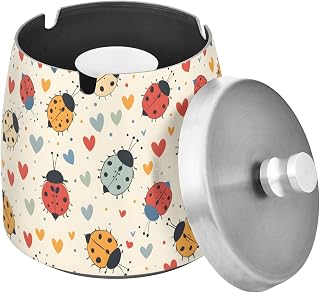 Seven-spotted Ladybug Heart Pattern Ashtray with Lids, Stainless Steel Cigarette Ash Tray,Portable and Smokeless Ashtray for Home Office Tabletop Patio Balcony