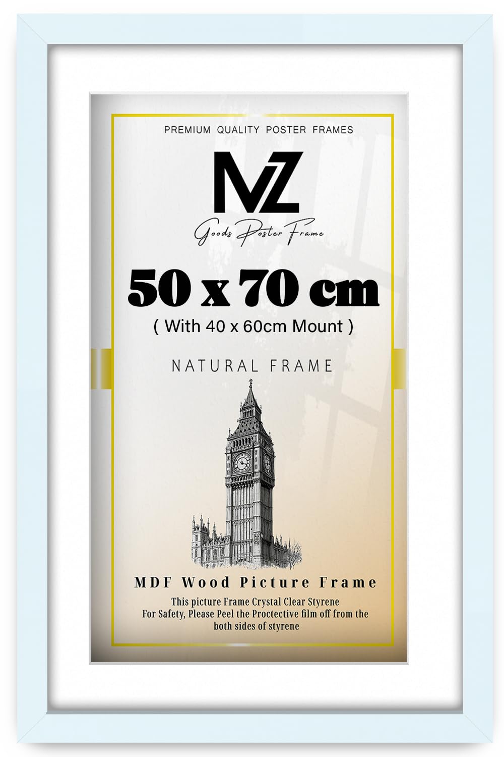 MZ GOODS | Flat Frame (50 x 70 cm) with 60 x 40 cm White Mount - 20 x 28 Inch Frame for Posters, Prints, Artwork 1' 8" x 2' 4" [ White ] — image 1