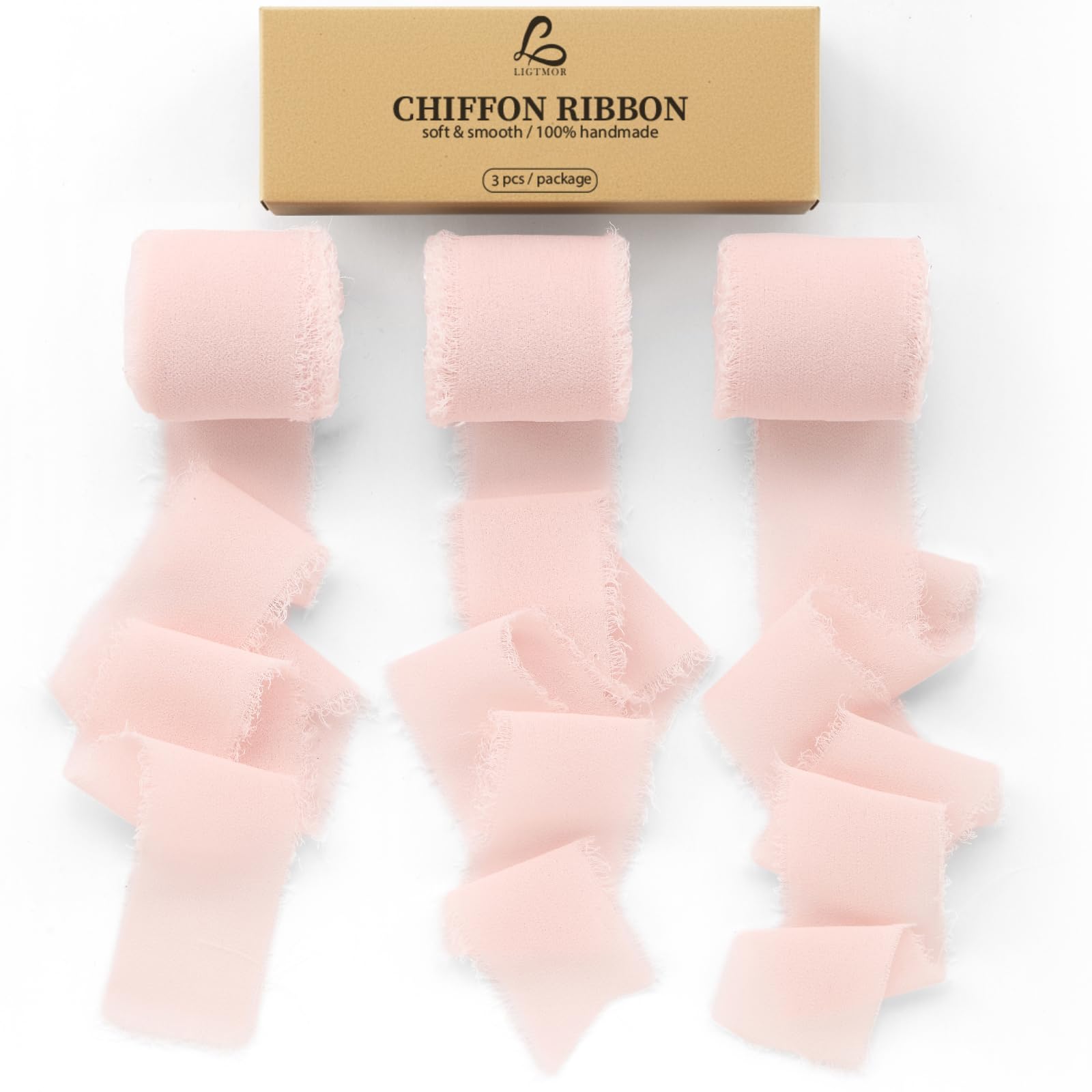 Ligtmor Chiffon Silk Ribbon 3 Rolls 1.5'' x 7 Yd Green & Cream, 1.5'' x 21 Yd Sage Green Ribbons Handmade Fringe for Wedding Invitations, Bridal Bouquets, Gift Wrapping, Holiday Decoration