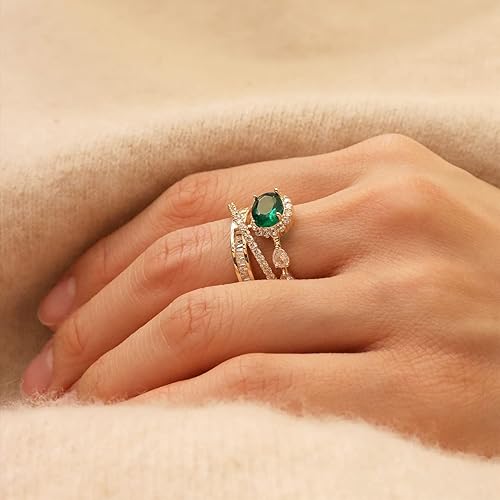 Miniatura 2 de Sonateomber Anillo apilable abierto de cristal verde dorado para mujer Gran delicado diamante de imitación esmeralda imitación circonita cúbica