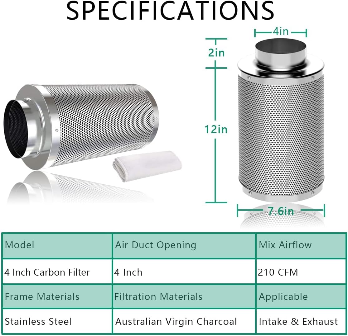 Ventilation Kit, 4 Inch Inline Fan 200 CFM Exhaust Blower, 4 Inch Carbon Fiber Filter Exhaust Fan Combo with 8 Feet Duct for Hydroponic Grow Tents and Basements