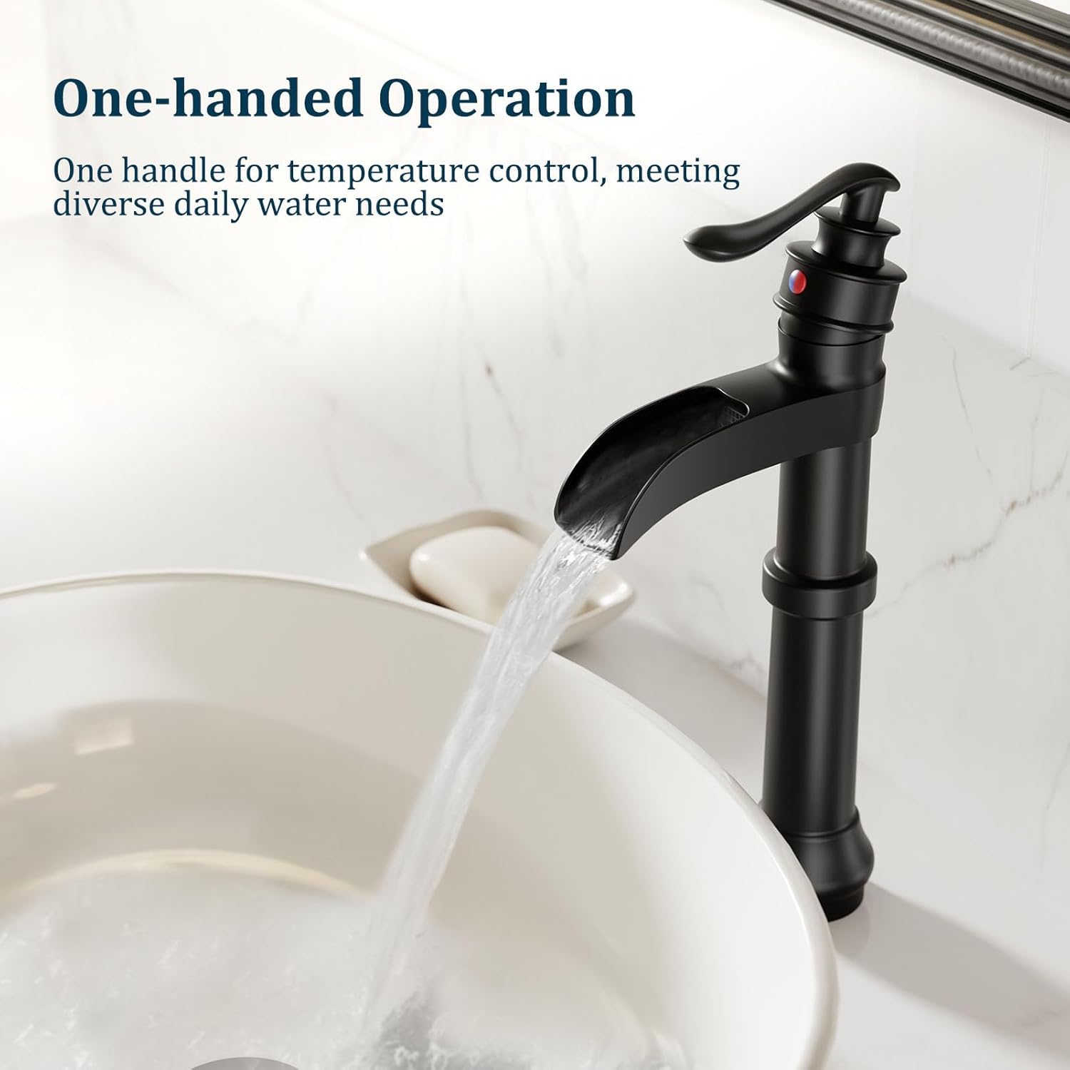 Vessel Sink Faucet, Matte Black Bathroom Waterfall Sink Faucet Tall Bathroom Single Handle 1 Hole Farmhouse with Pop Up Without Overflow Drain Lavatory