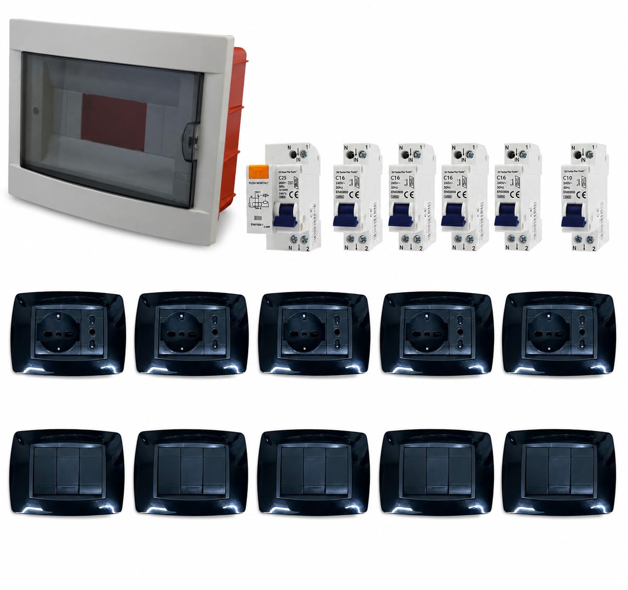 Kit Impianto Elettrico Casa Completo Compatibile Living Light Nero con Quadro Elettrico da Incasso 8 Moduli + Salvavita Differenziale C25 + 4 Magnetotermici C16 + 1 Magnetotermico C10 – 5 Schuko + 5 B