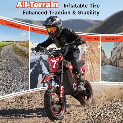 36V Electric Dirt Bike for Kids, 700W Peak Electric Motorcycle, 3 Speeds, 15.5 MPH & 13.7 Miles, Headlight & Rainbow Ambient Lights, Pro Suspension Off-Road Ride On Gift for Kids Ages 4-10, Red - Image 3