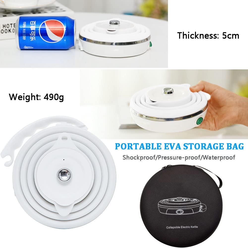 Bollitore elettrico pieghevole da viaggio,scaldabagno elettrico da campeggio 555ml in silicone per acqua calda,bollitore pieghevole a doppia tensione con fondo in acciaio inossidabile bianco 100-240V