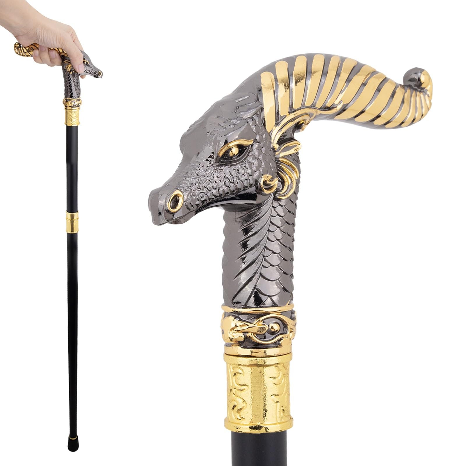 Bastón Negro de 93,5 cm con Diseño de Dragón de Cuernos Largos - Bastón de un Solo Punto para Hombres y Personas Mayores - Bastón Plegable de 2 Piezas para Senderismo y Movilidad