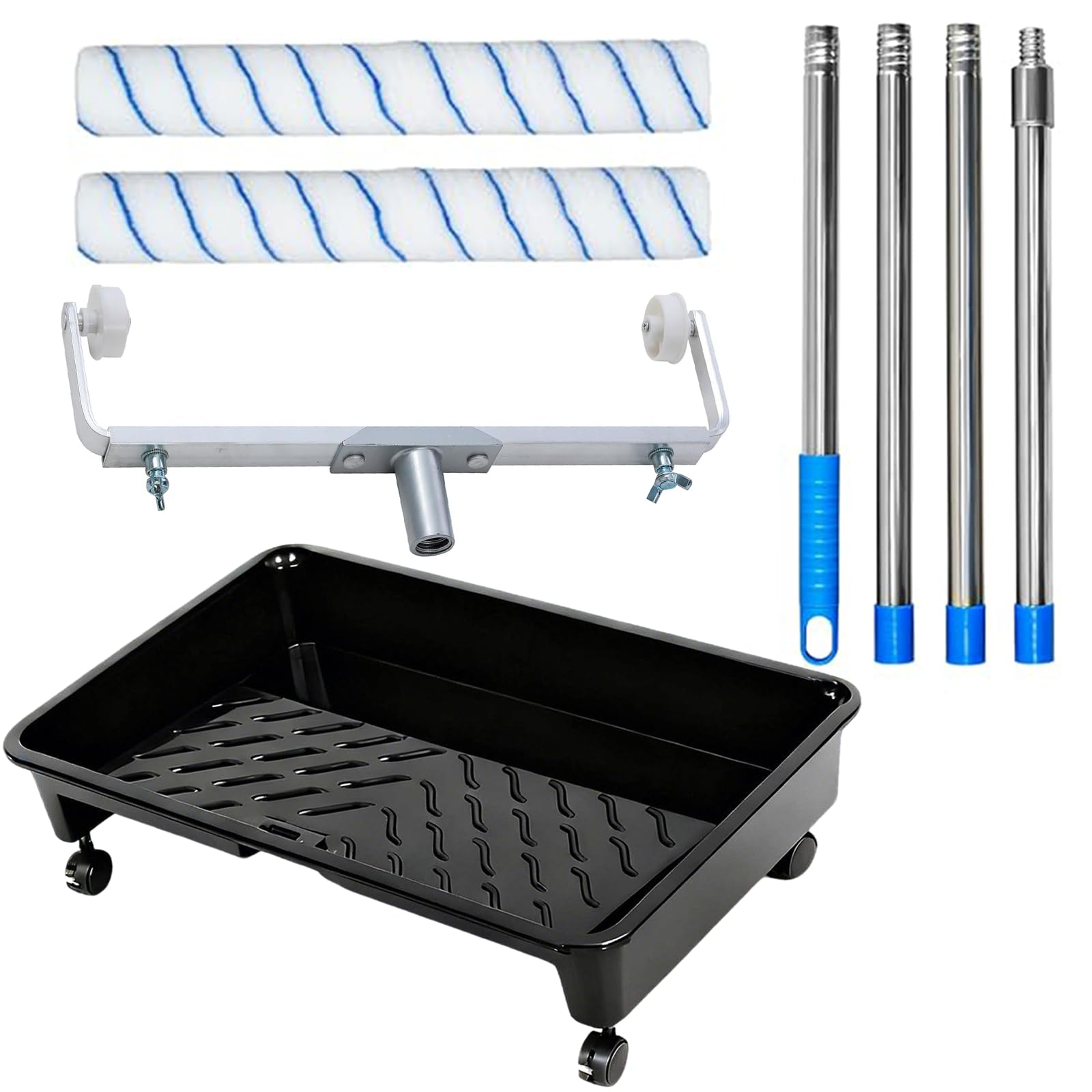 Polegas 5 Pcs Paint Roller Set with 2 Pcs 18 Inch Paint Roller Sleeve, Extendable Paint Roller Frame, Paint Roller Tray with Wheels, Paint Roller Extension Pole, Long Paint Roller for Ceilings