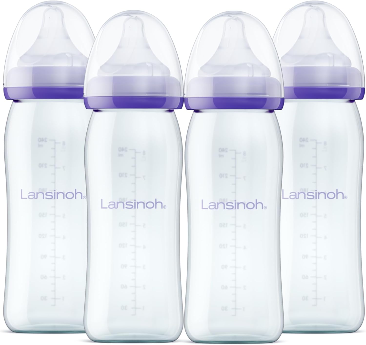 Lansinoh Anti-Colic Glass Baby Bottles for Breastfeeding Babies, 8 Ounces, 4 Count Bottles for Feeding, Baby Essentials, Includes 4 Medium Flow Nipples, Size M