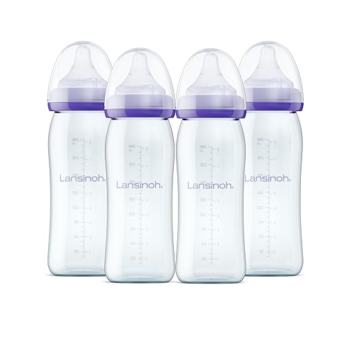 Lansinoh Anti-Colic Glass Baby Bottles, 8 Ounces, 4 Count Bottles for Feeding, Baby Essentials, Includes 4 Medium Flow Nipples, Size M - 8 Ounce (4 Pack)
