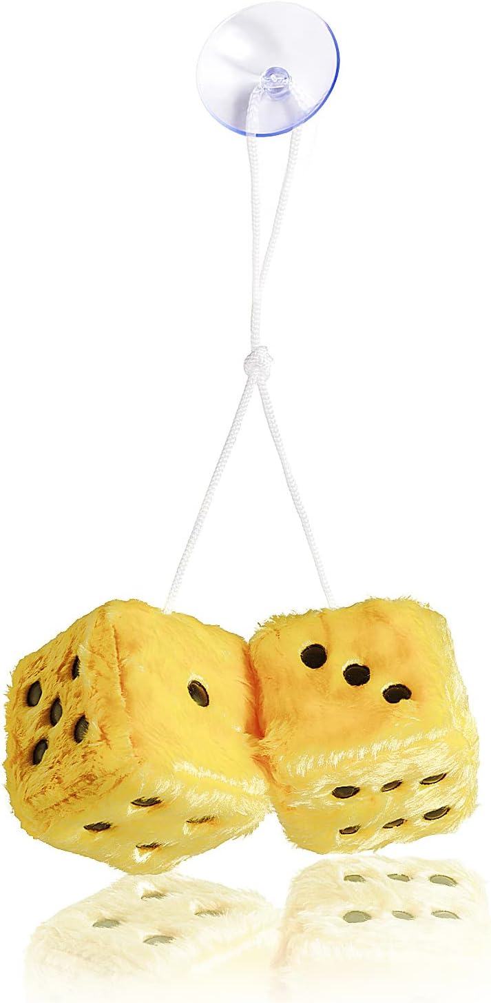 Hanging Dice, MyCreator 3 inch Pair of Retro Square Mirror Hanging Couple Fuzzy Plush Dice with Dots For Car Interior Ornament Decoration (Yellow)