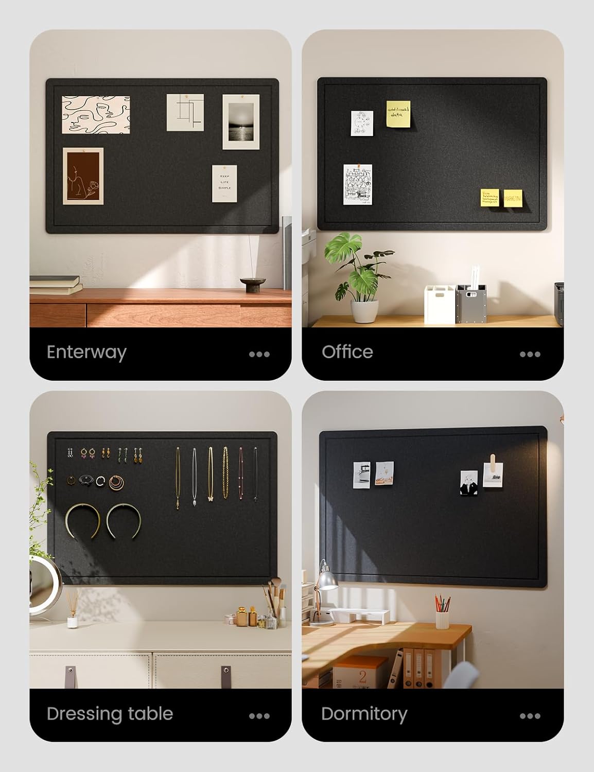 Fluxynara Bulletin Board,35.4" x 23.6" Cork Board Alternative with 12 Safe Removable Adhesive Tabs, Foldable Felt Pin Board for Home Office, Classroom, Bedroom,Entryway for Walls— Black