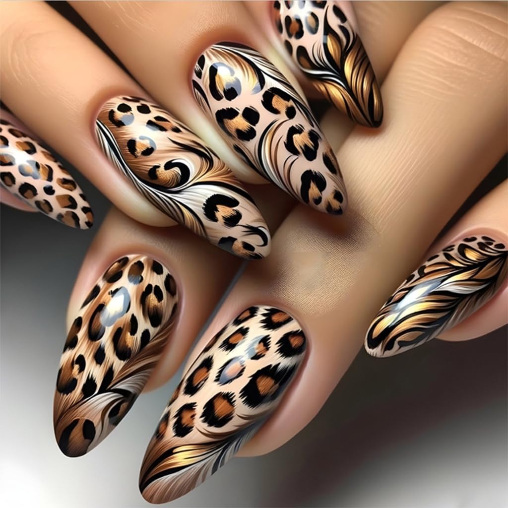 24 Pieces Long Almond Leopards Glossy False Nails Full Covers Stick on Nails Winter Nails Art Decoration