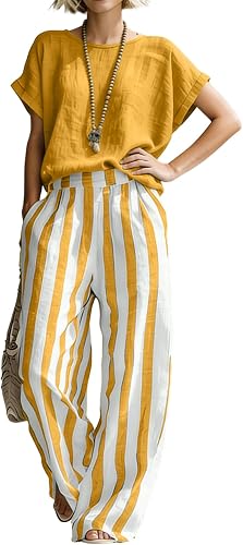 SamLng Summer Sets Linen For Women 2 Piece 2 Piece Short Sleeve Blouse With Vert