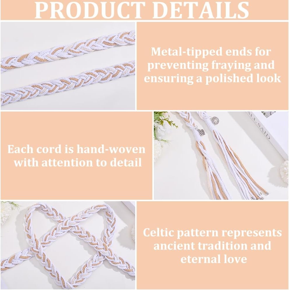 1Pcs Handfasting Cord White Wedding Lasso Handfasting Cord Cotton Wedding Lasso Rope with Pendants Handmade Cotton Weddings Cords with Metal-Tipped Ends Lazos para Boda Cords