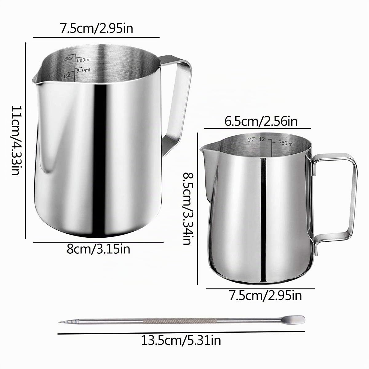 Bricco per Latte in Acciaio Inox,Tianher 2 Pezzi Bricco Latte Schiumatore Schiuma Brocca Tazza 350ml 600ml con Misurazione della Temperatura Latte Art Penna Lattiera per Cappuccino (argenteo)