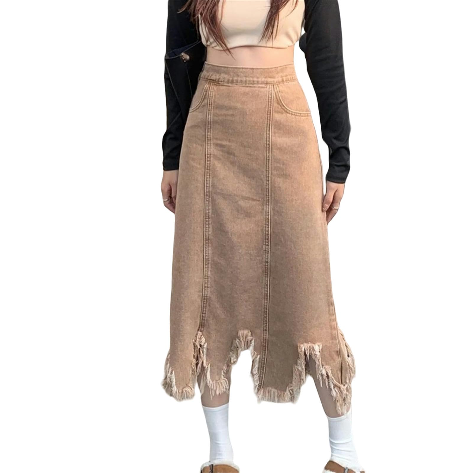 Strickrock Damen Unregelmäßiger Jeansrock, Damen Herbst Outfit, Plus Größe A, Mit Fransen, Mittel Bis Lang, Angesagter Rock-braun-s