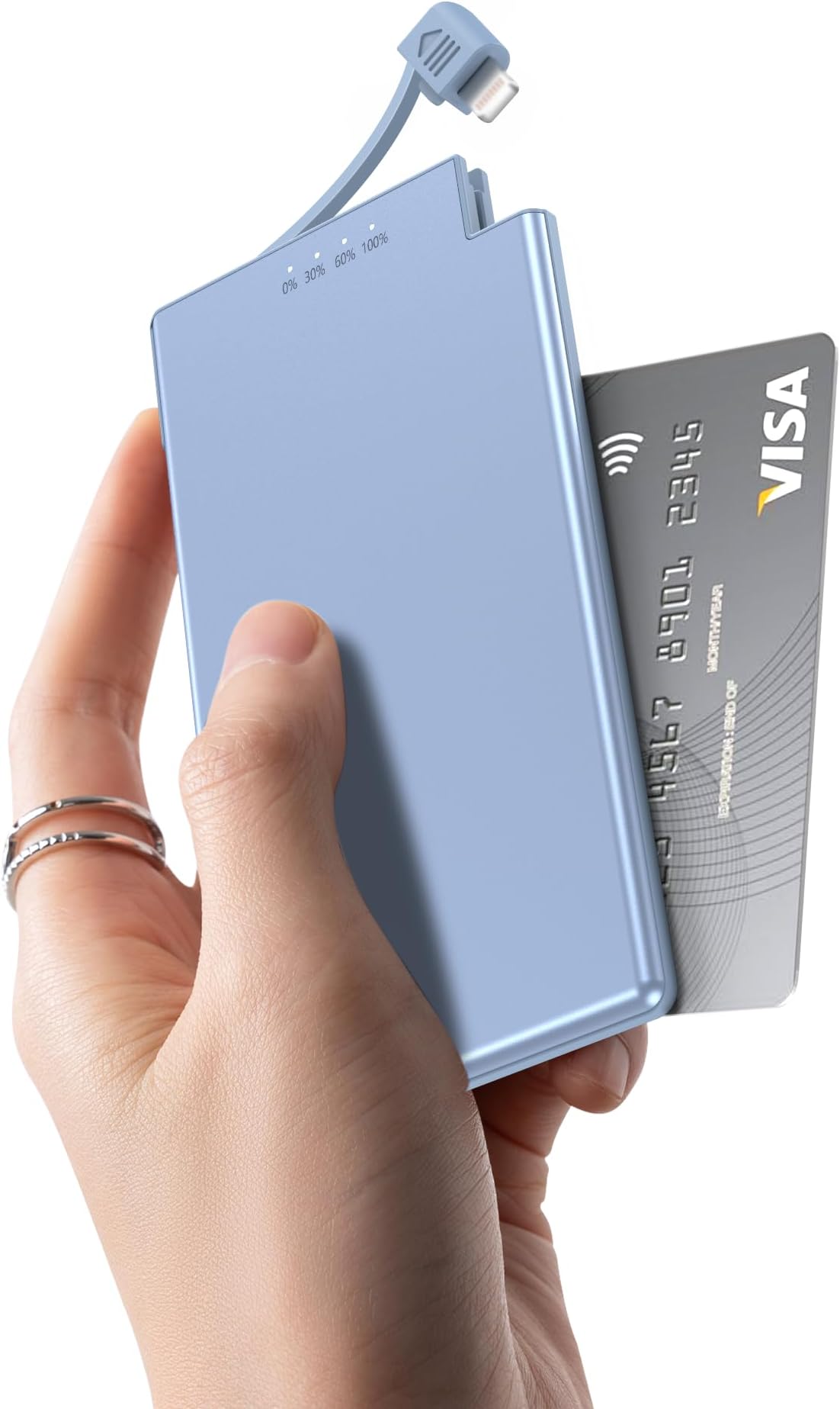 Auskang 5000mAh Power Bank with built-in Charging Cable, Ultra Slim and Super Lightweight Portable Charger Small External Battery, Compatible with iphone (Excluding iPhone 15 series)- Blue