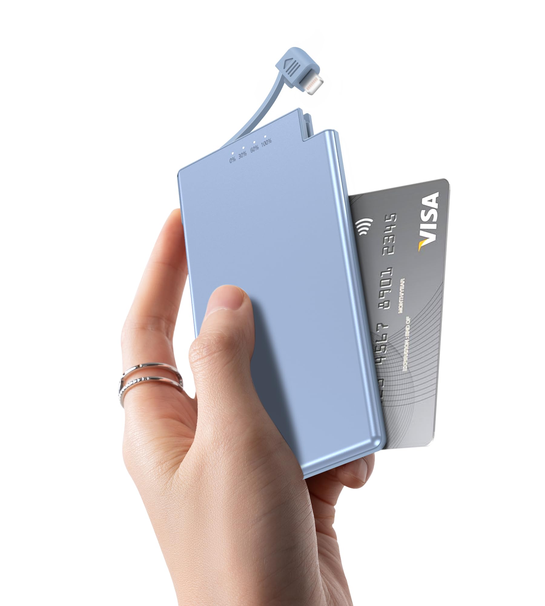 Auskang 5000mAh Power Bank with built-in Charging Cable, Ultra Slim and Super Lightweight Portable Charger Small External Battery, Compatible with iphone (Excluding iPhone 15 series)- Blue